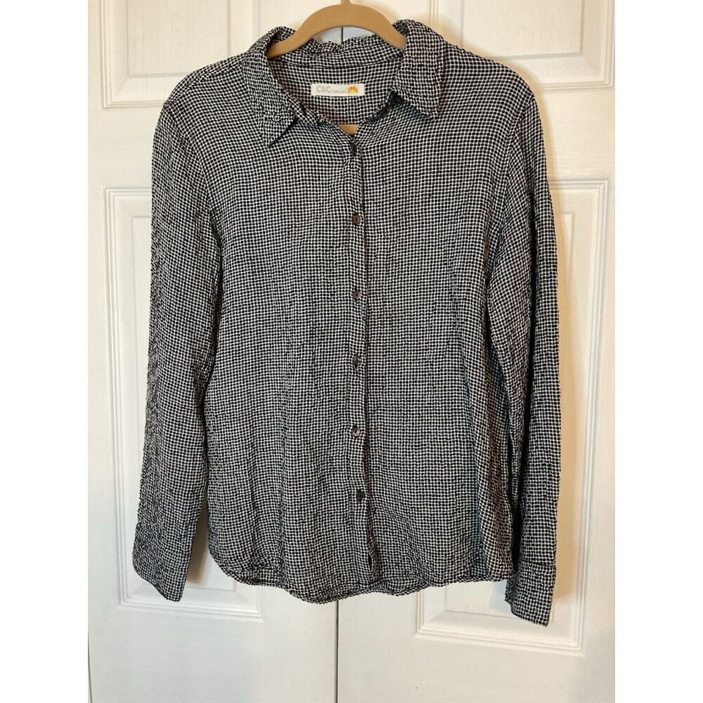 C & C California Black & White Plaid Long Sleeve Blouse Top Linen Blend Medium
